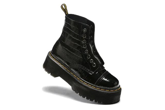 Dr. Martens Bottes Martin Noir Jaune Cuir Brillant Embossé Croc Sola de Plataforma 4