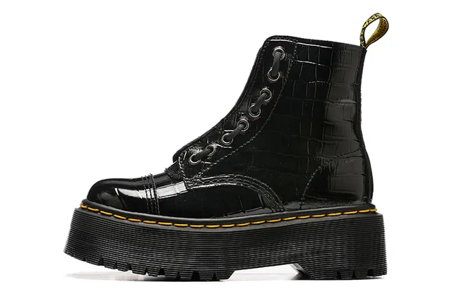 Dr. Martens Bottes Martin Noir Jaune Cuir Brillant Embossé Croc Sola de Plataforma 5