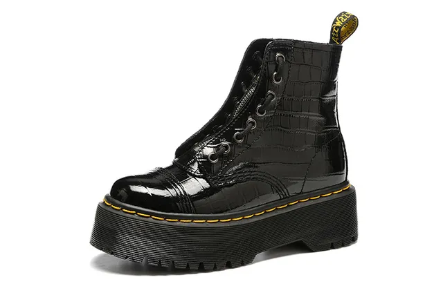 Dr. Martens Bottes Martin Noir Jaune Cuir Brillant Embossé Croc Sola de Plataforma 6