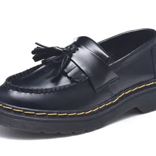 Dr. Martens काला पीला फीता पट्टा वेल्ट-स्टिच्ड लूफर