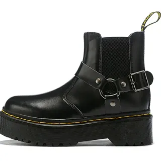 Dr. Martens Jadon काला पीला प्लेटफॉर्म सोल बकल हार्नेस स्ट्रैप एंकल बूट्स