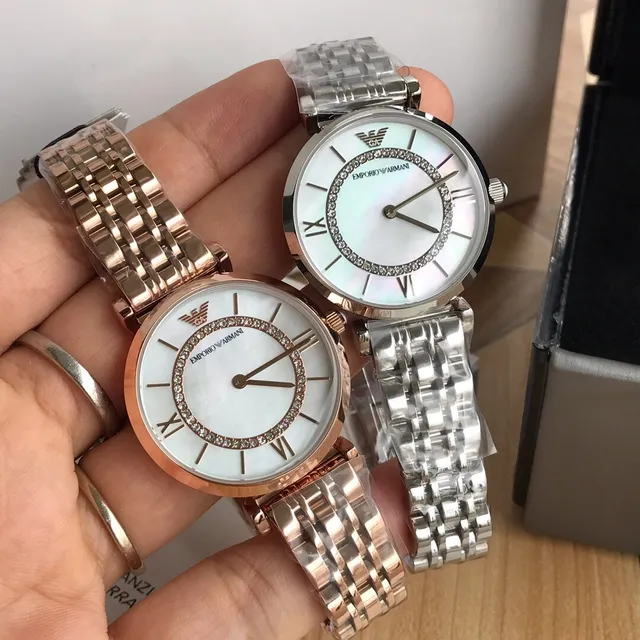 Emporio Armani Classic فضي أبيض حالة مستديرة تاج أم الؤلؤ كوارتز 6