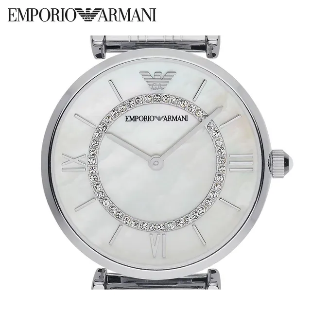 Emporio Armani Classic فضي أبيض حالة مستديرة تاج أم الؤلؤ كوارتز 7