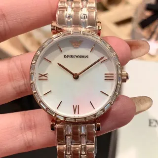 Emporio Armani Gold White Rose Metal Baguette-Cut Crystal Bezel Quartz Watch