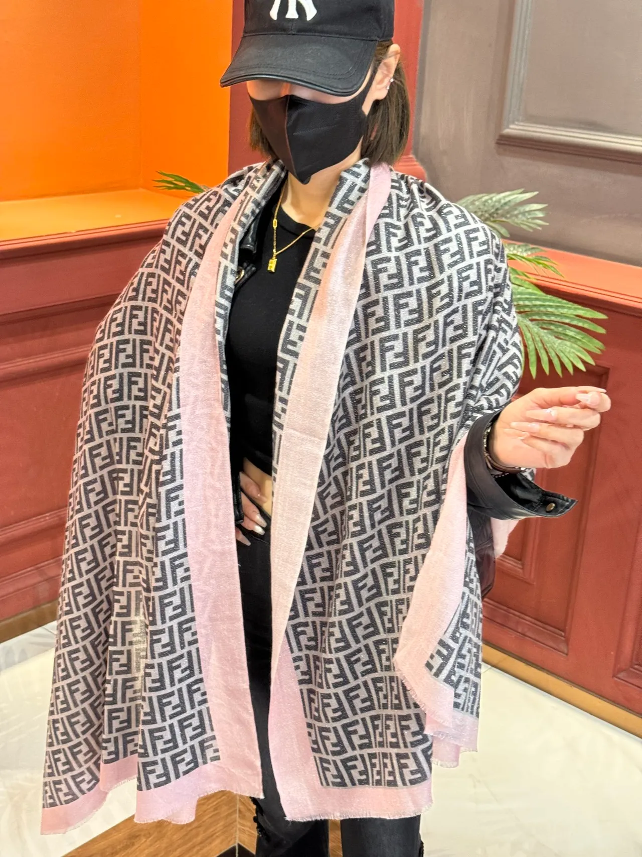 Fendi Beige Pink All-Over FF Monogram Contrasting Border Scarve 2