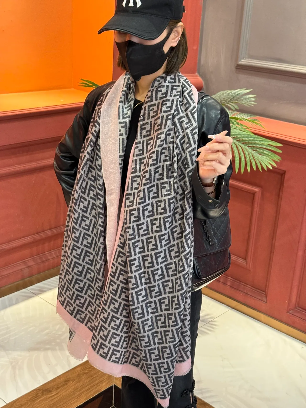 Fendi Beige Pink All-Over FF Monogram Contrasting Border Scarve 3
