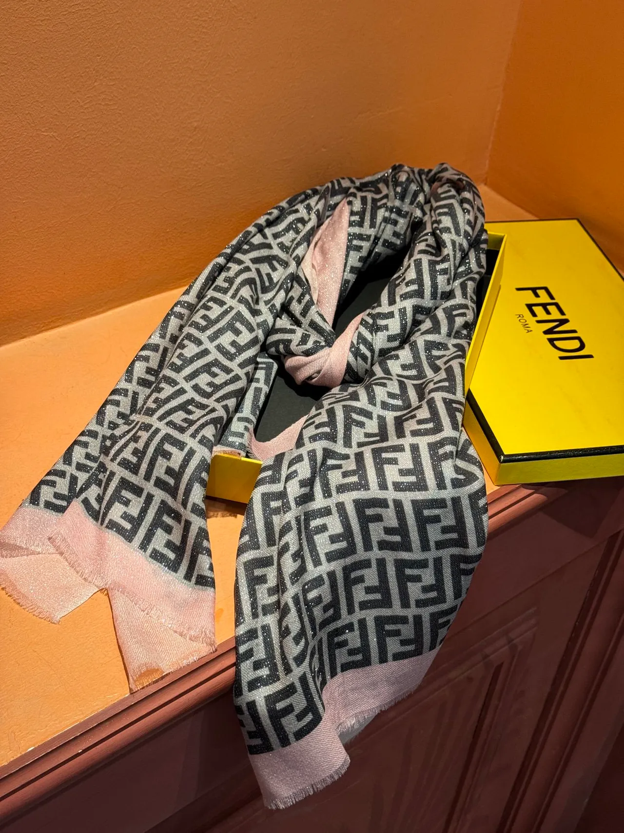 Fendi Beige Pink All-Over FF Monogram Contrasting Border Scarve 8