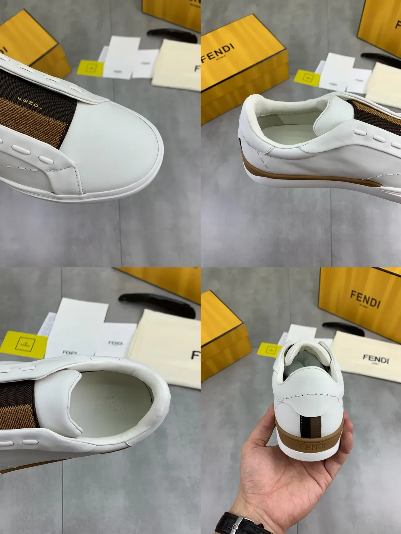 Fendi By The Way सफेद भूरी स्लिप-ऑन लेदर अपर लाइफस्टाइल स्नीकर 2