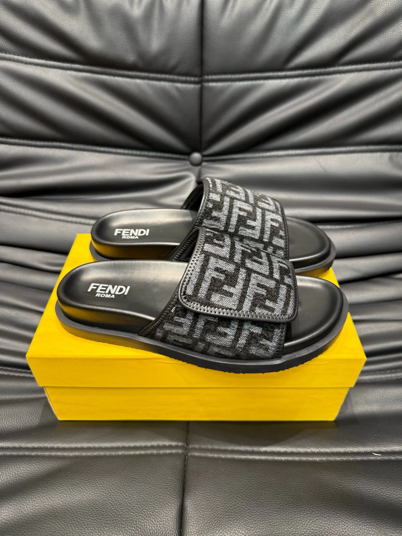 Fendi FF Slide Black and Gray Monogram Slippers 4