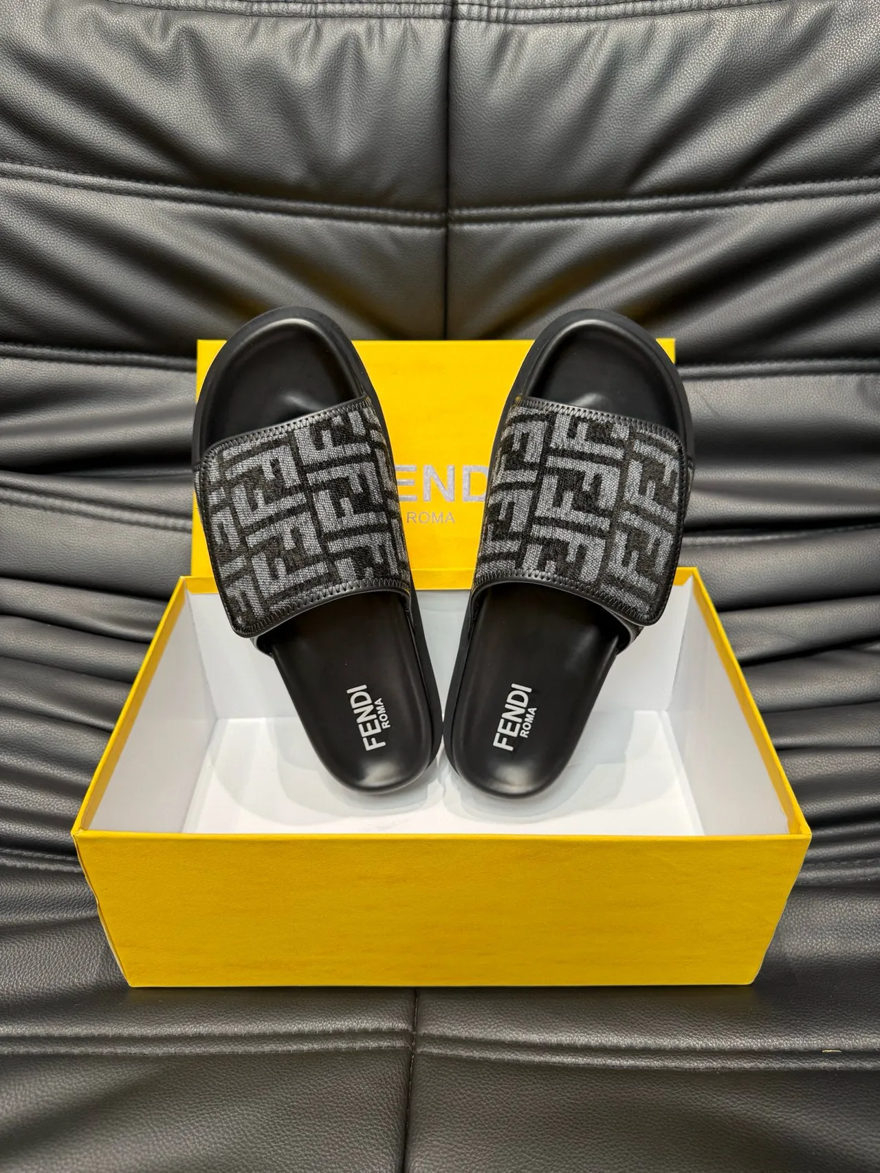 Fendi FF Slide Black and Gray Monogram Slippers 5