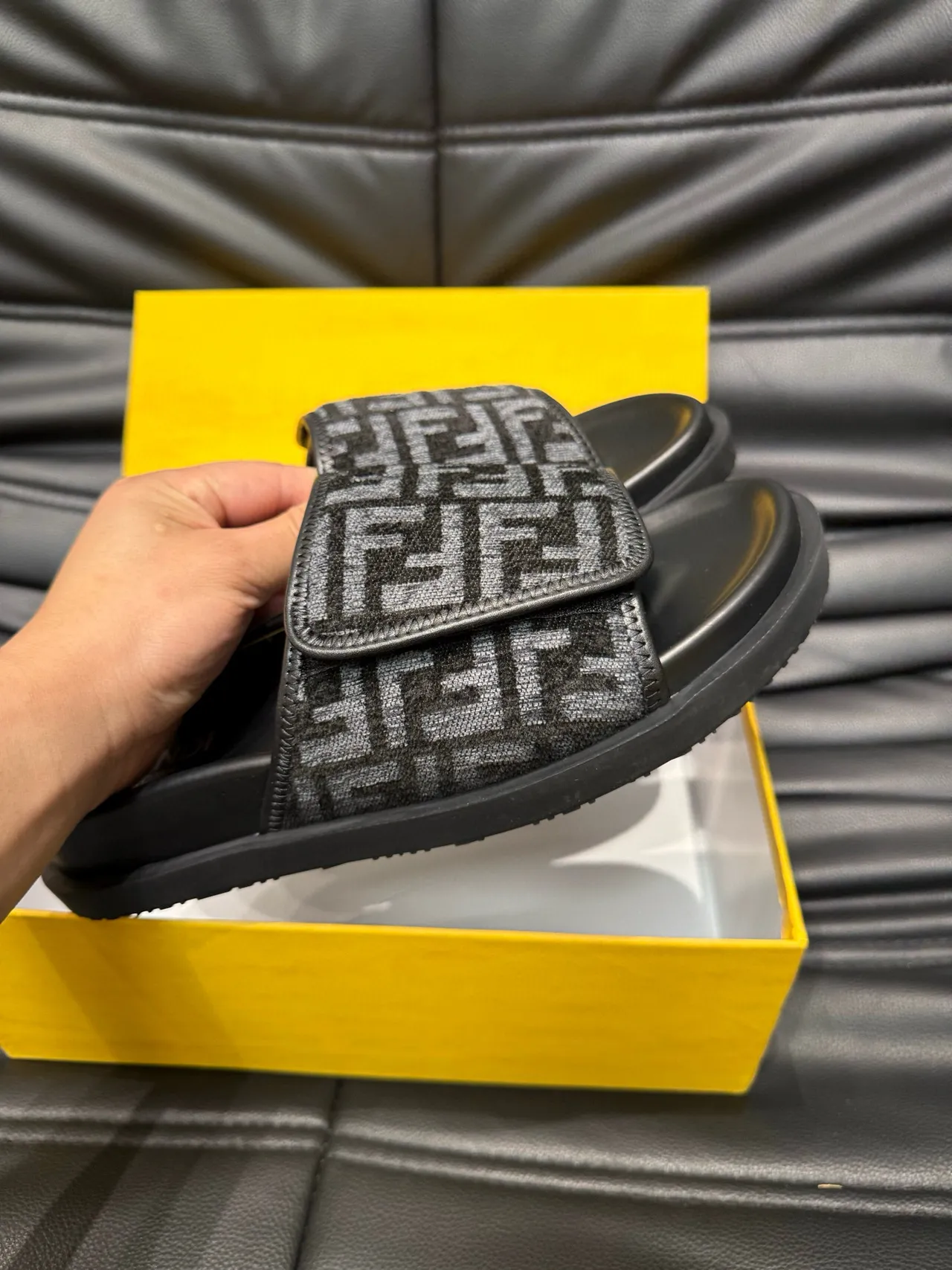 Fendi FF Slide Black and Gray Monogram Slippers 6