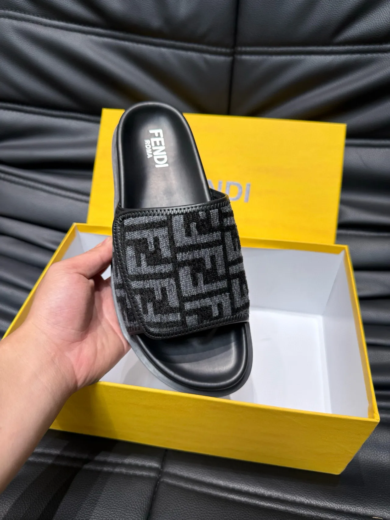 Fendi FF Slide Black and Gray Monogram Slippers 7