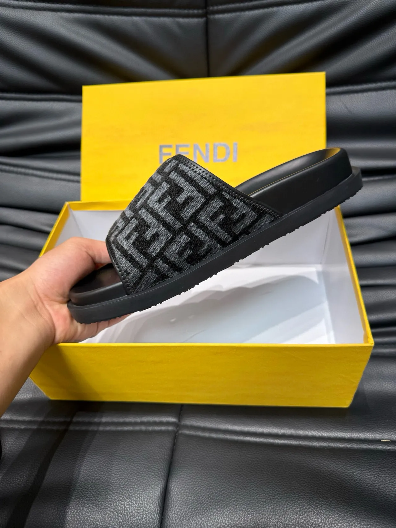 Fendi FF Slide Black and Gray Monogram Slippers 8
