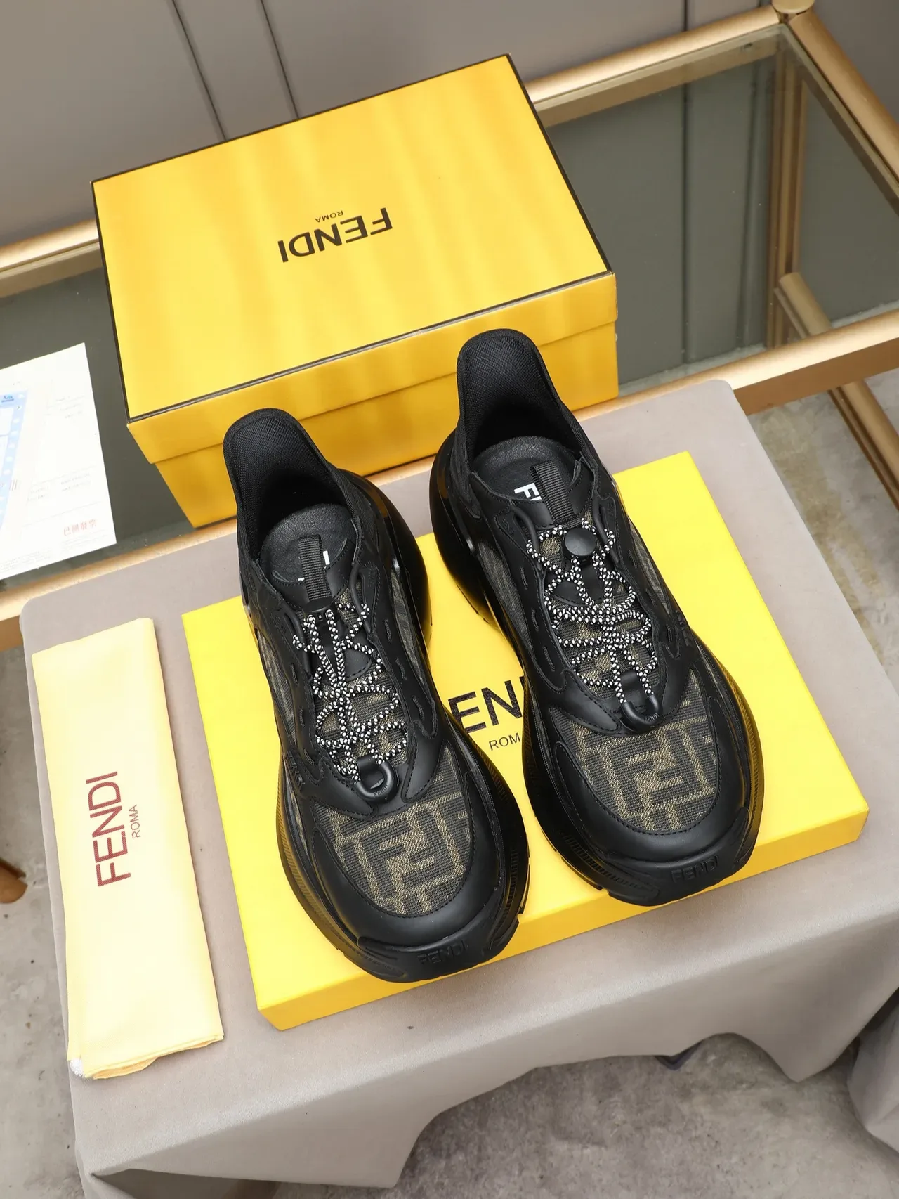 Fendi First Black Beige Sole FF Monogram Mesh Chunky Sneakers 2
