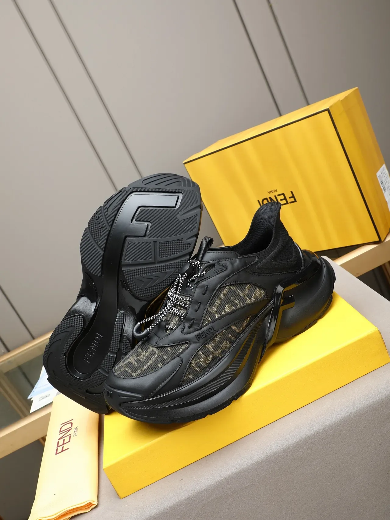 Fendi First Black Beige Sole FF Monogram Mesh Chunky Sneakers 4