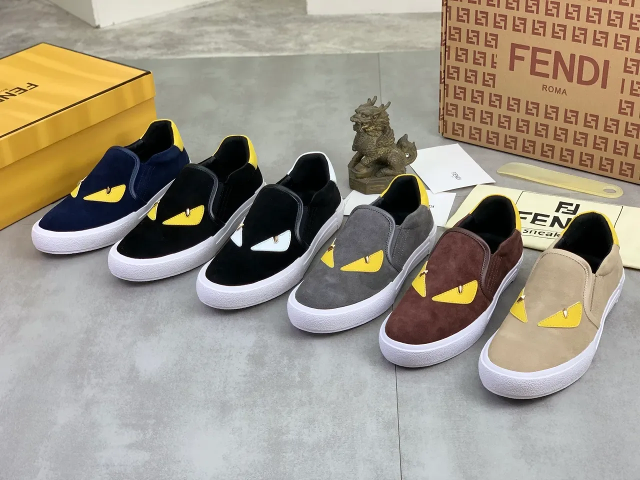 Fendi Monster Eye Navy and Yellow Suede Slip-On Lifestyle Sneakers 2