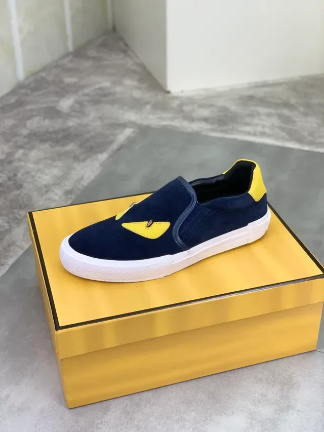 Fendi Monster Eye Navy and Yellow Suede Slip-On Lifestyle Sneakers 5