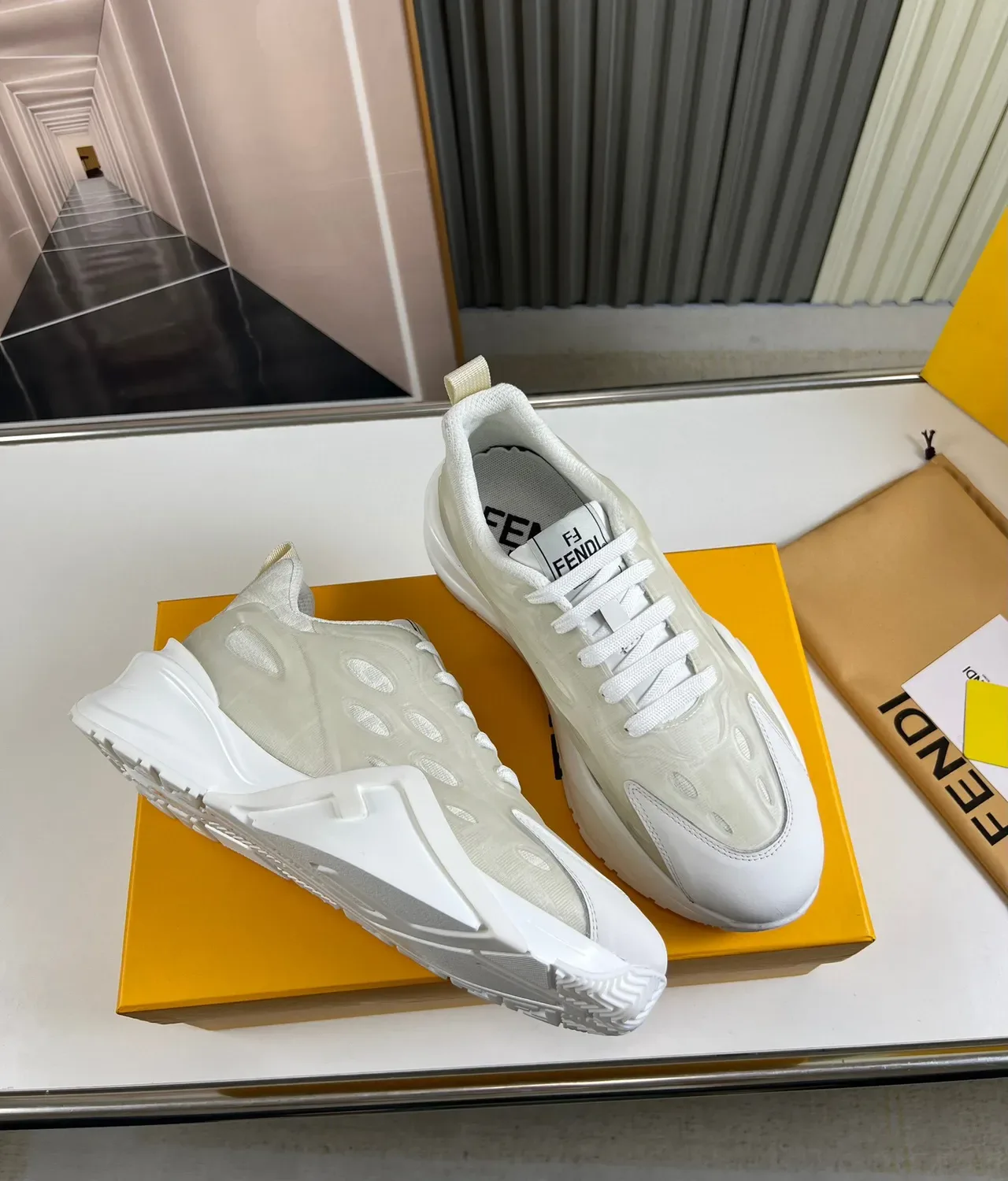 Fendi Blanco Beige Sculpted F-Cutout Midsole Translucido Oval-Mesh Upper Chunky Sneakers 5