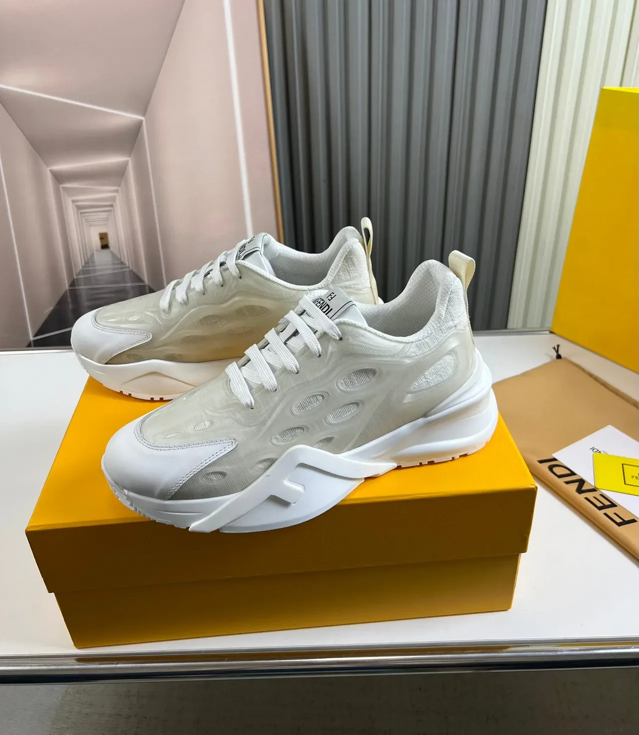 Fendi Blanco Beige Sculpted F-Cutout Midsole Translucido Oval-Mesh Upper Chunky Sneakers 8