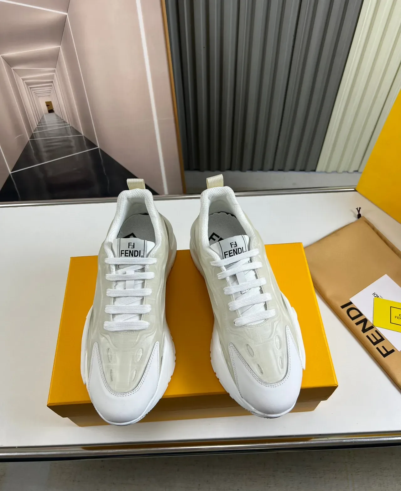 Fendi Blanco Beige Sculpted F-Cutout Midsole Translucido Oval-Mesh Upper Chunky Sneakers 9