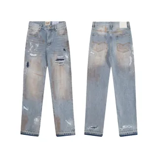Gallery Dept Distressed Paint-Splattered Light Blue Raw-Hem Jeans