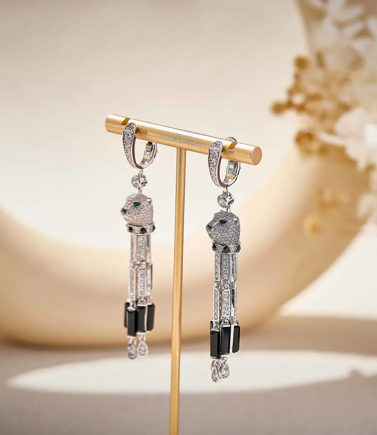 Animal-Head Motif Pavé and Baguette Stone Tassel Earrings 7