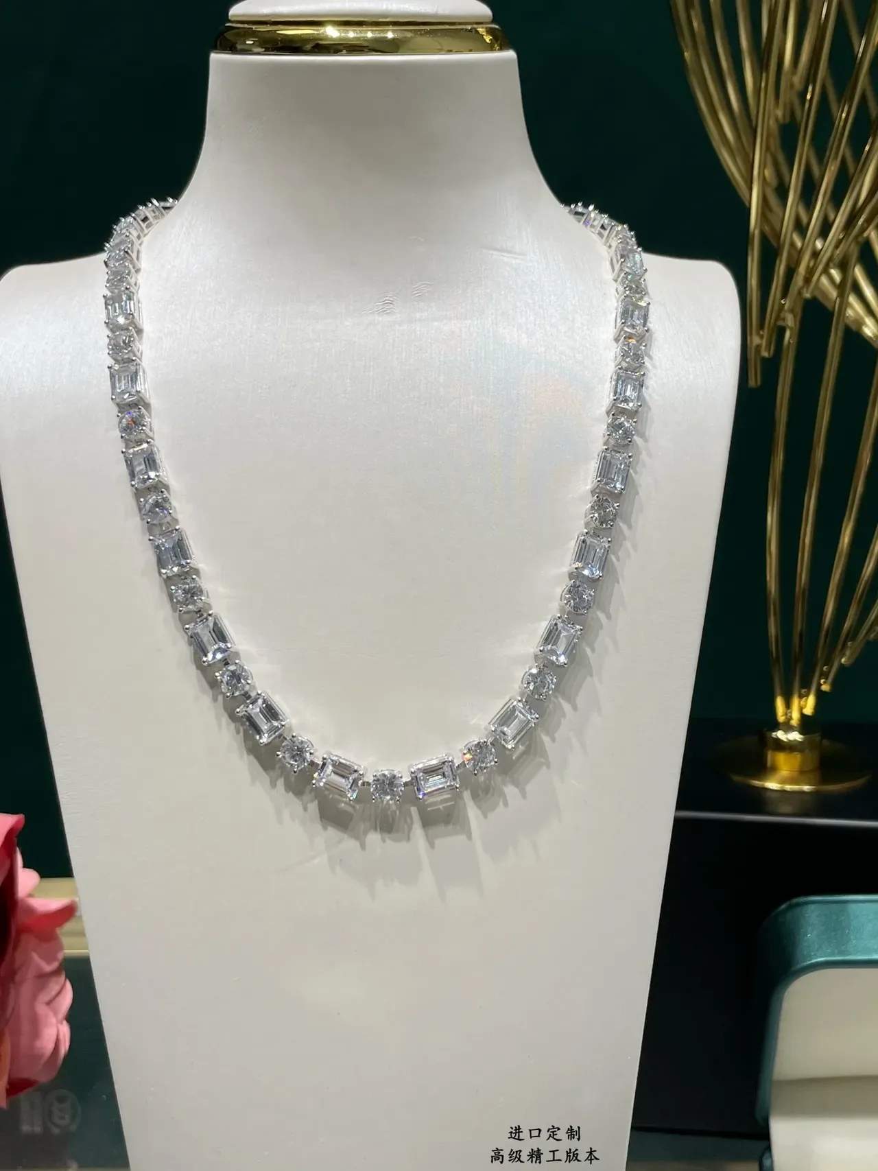 Baguette and Round Stone Alternating Linear Necklace 7
