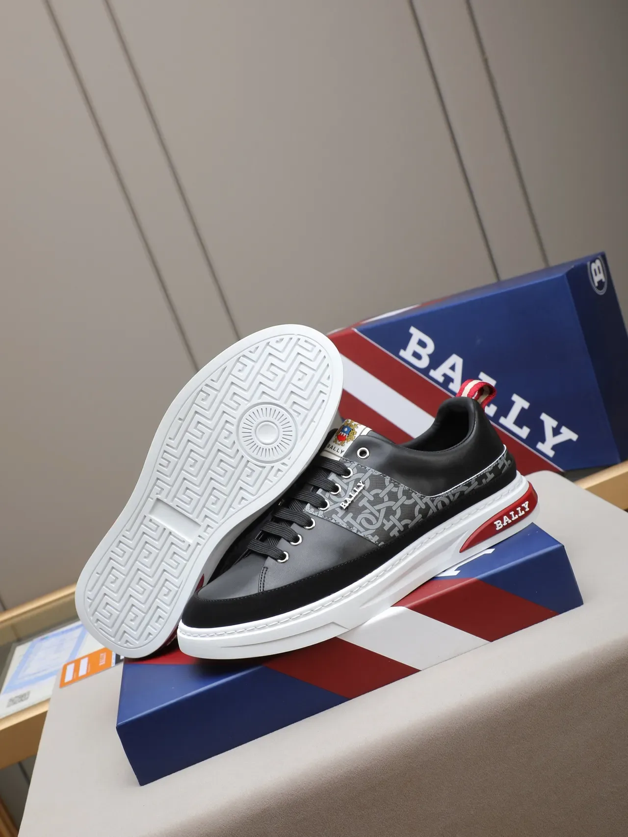 BALLY Black Red Leather Upper Monogrammed Side Panel Sneakers 4