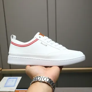Bally White Red Leather Upper Double Stripe Detail Sneakers
