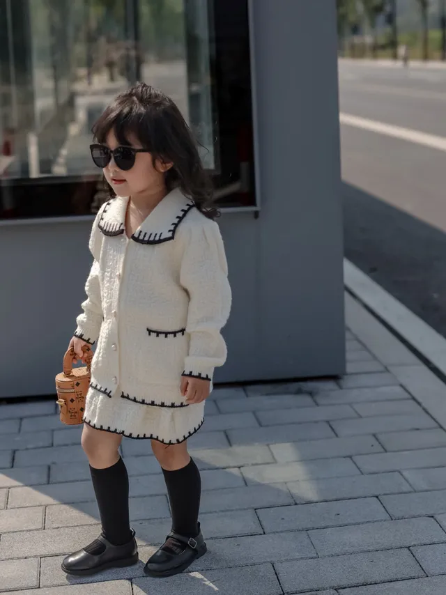 Beige Black Knit Texture Peter Pan Collar Cardigan 6
