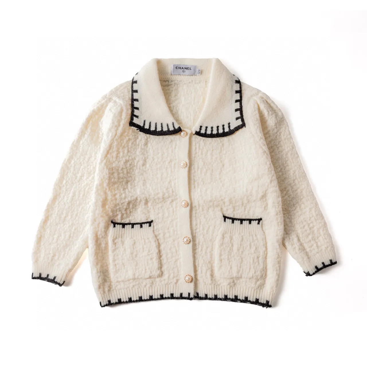 Beige Black Knit Texture Peter Pan Collar Cardigan 11