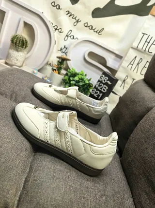 Beige Black T-Strap Closure Perforated Side Panels Mary Jane Shoes 7