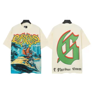 Camiseta beige multicolor corte oversized con estampado gráfico frontal completo