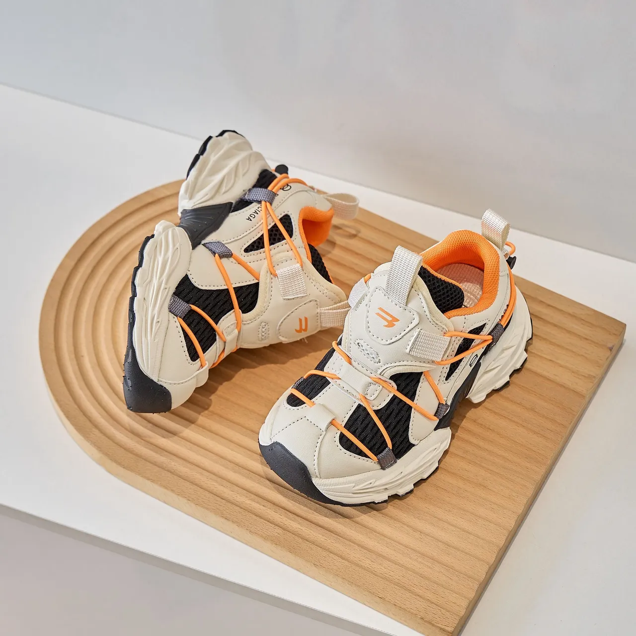 Beige Orange Sole Multi-Strap Overlay Chunky Sneakers 6