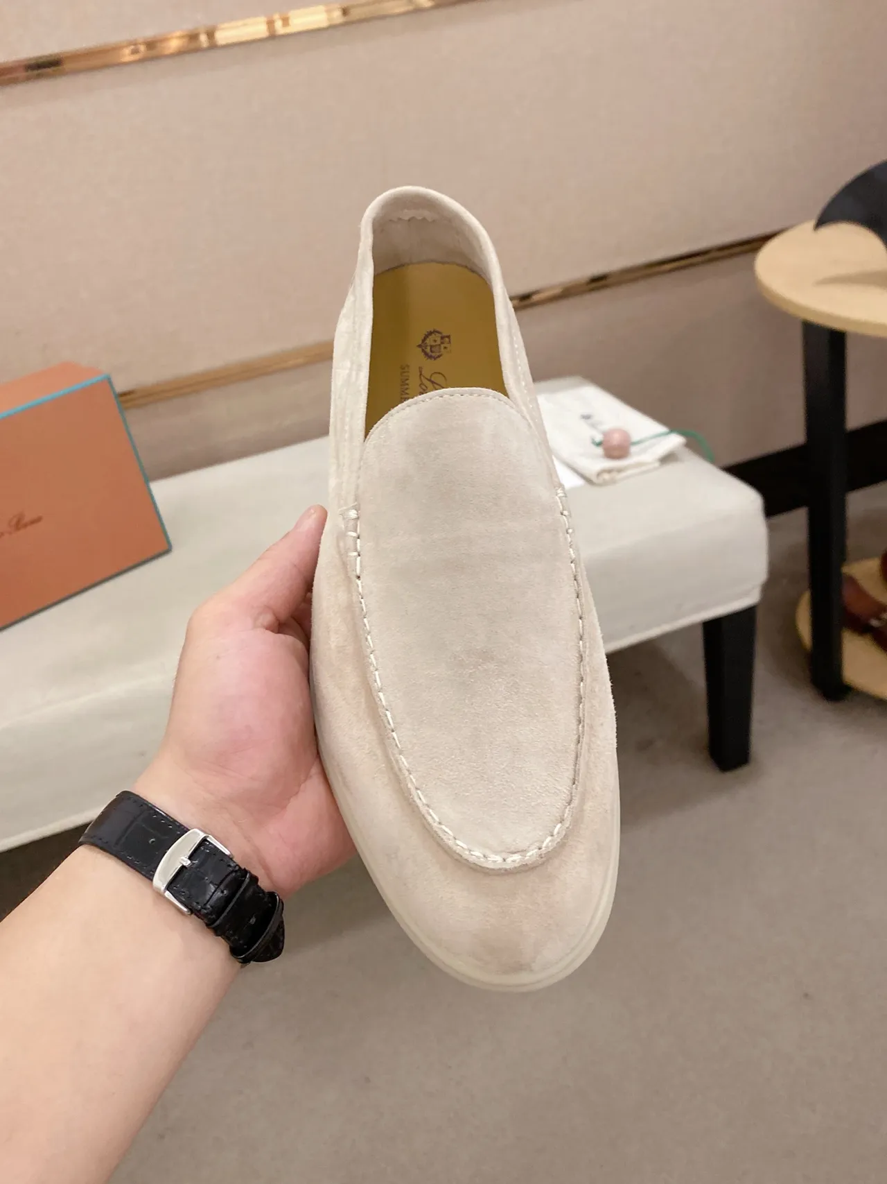 Beige White Suede-Like Upper Moc-Toe Stitching Loafer 5