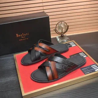 Berluti Black Brown Cross-Strap Leather Slippers
