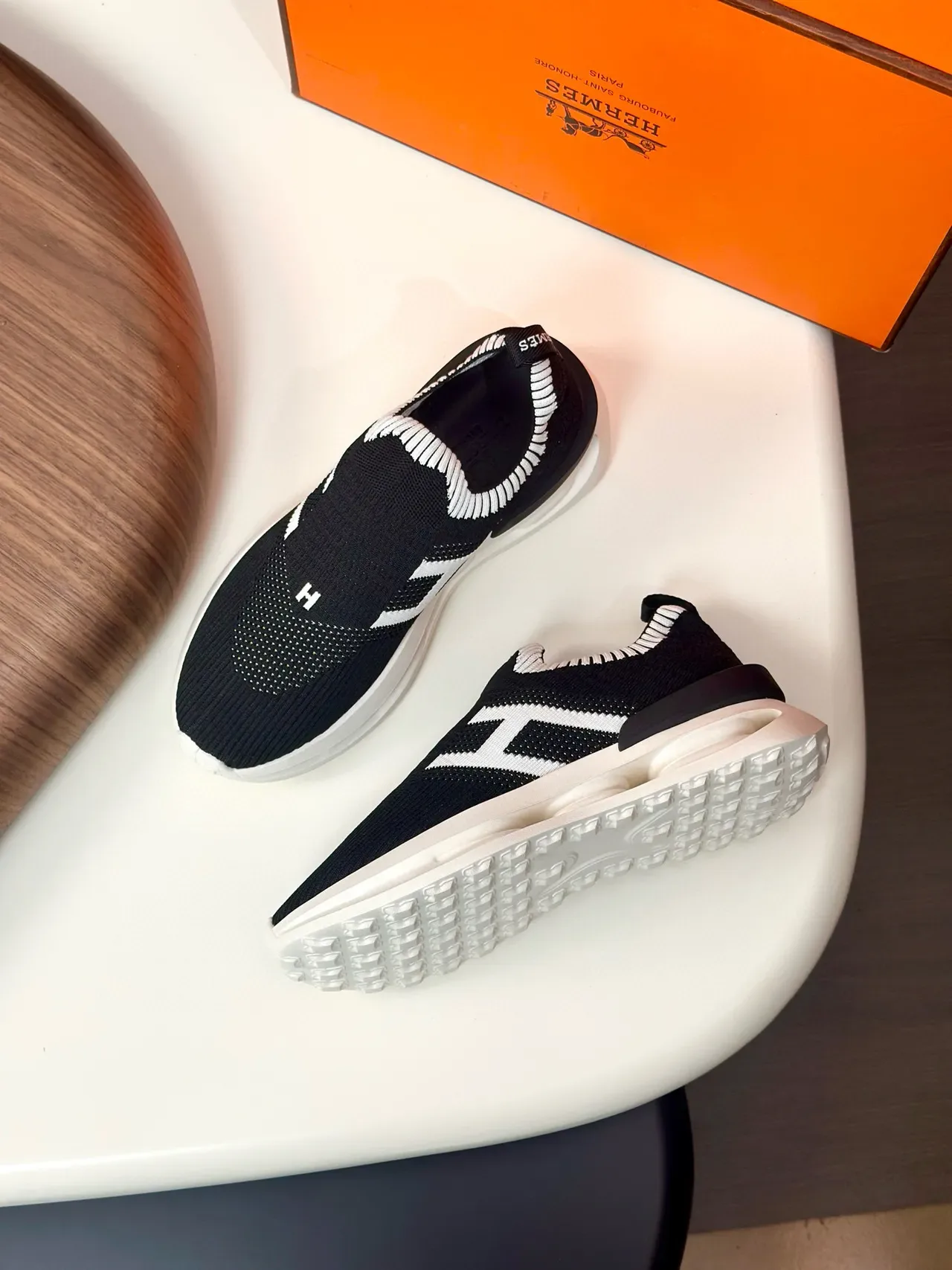 Black and White Knit Slip-On Lifestyle Sneakers 5