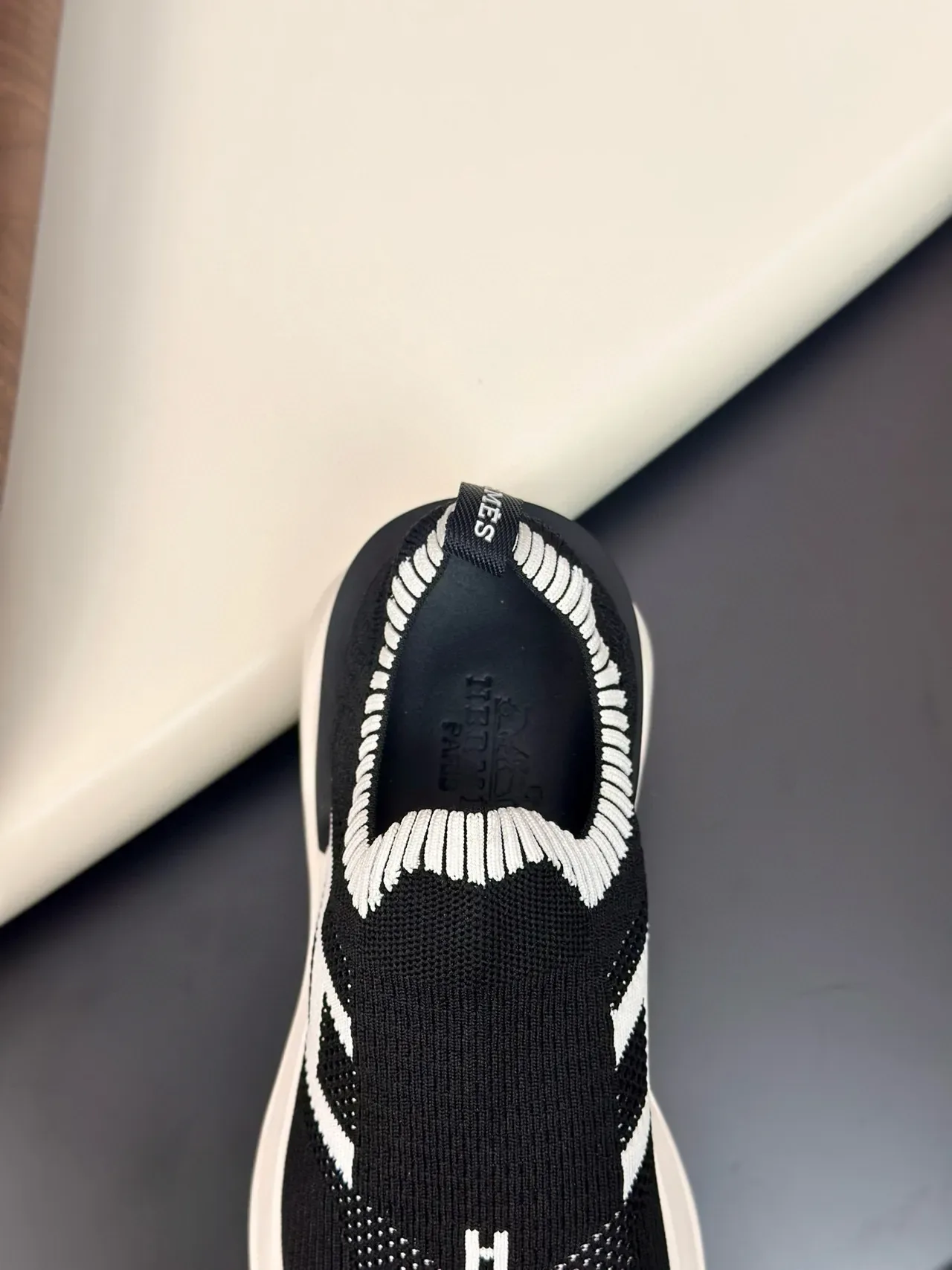 Black and White Knit Slip-On Lifestyle Sneakers 8