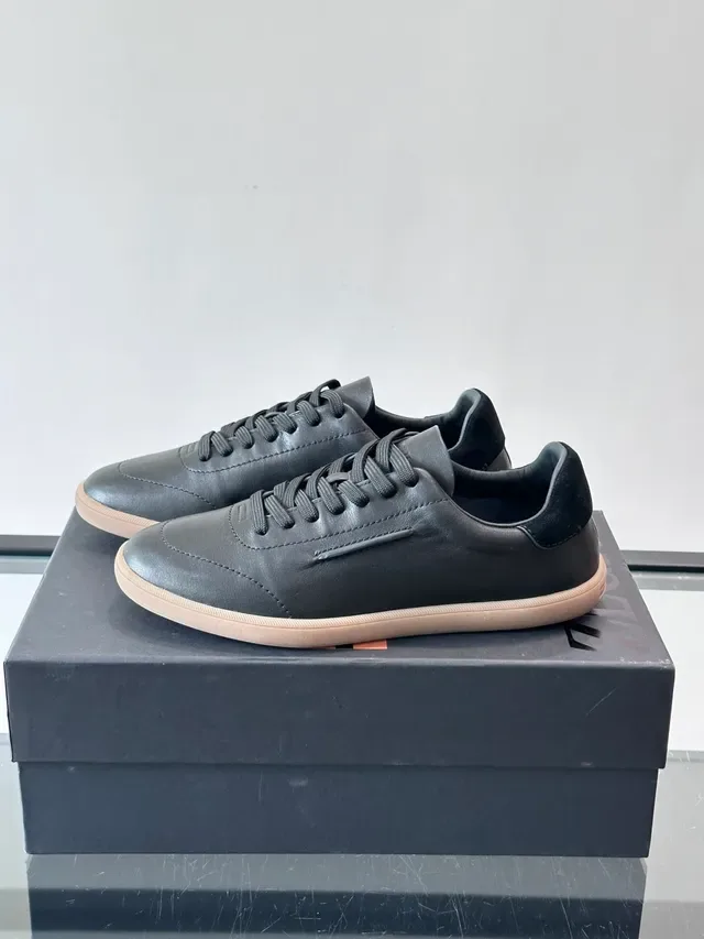 Black Beige Leather Upper Gum Rubber Sole Sneakers 5