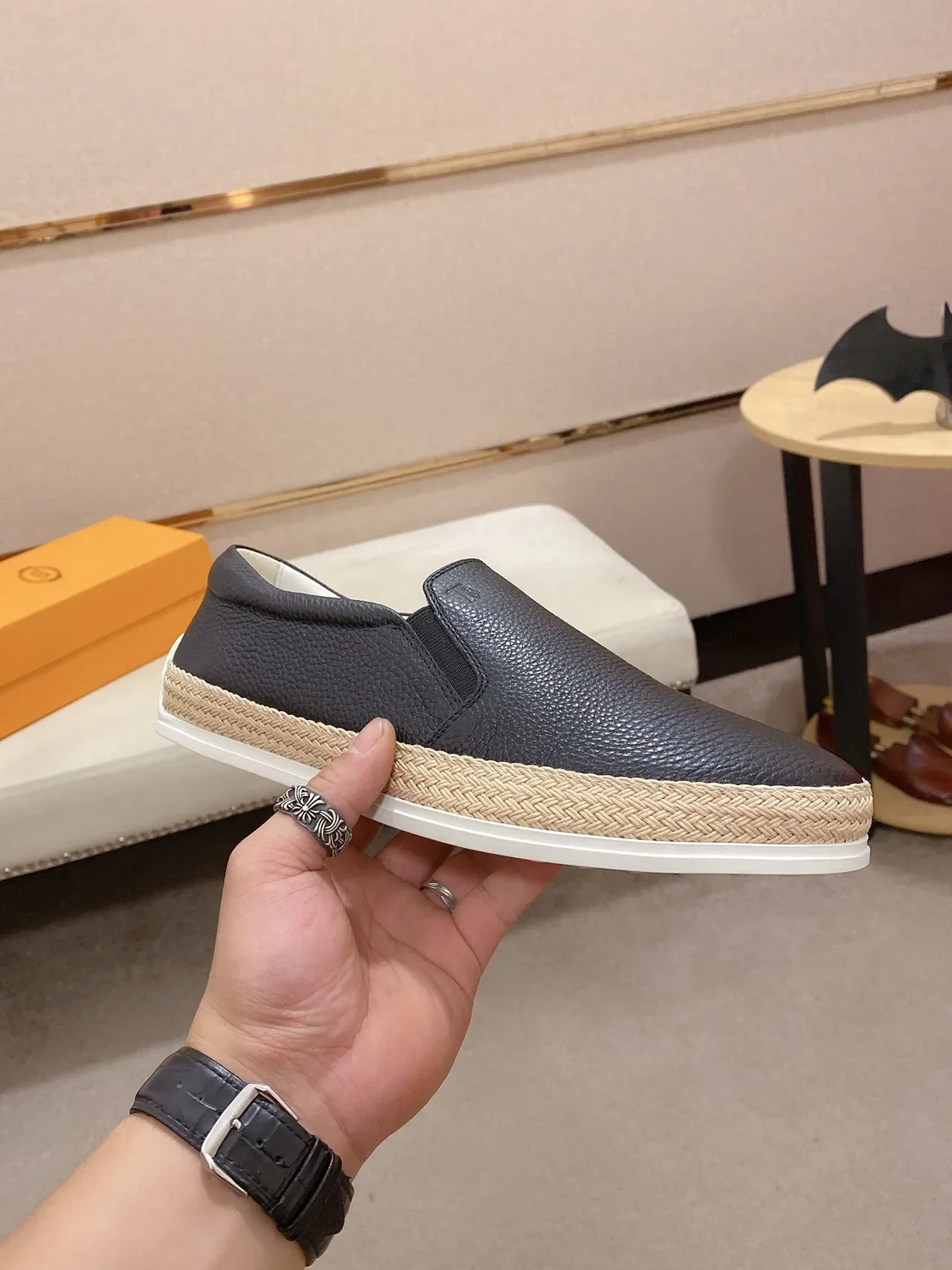 Chaussures bateau noir beige cuir granité supérieur semelle jute tissé avec bande 7