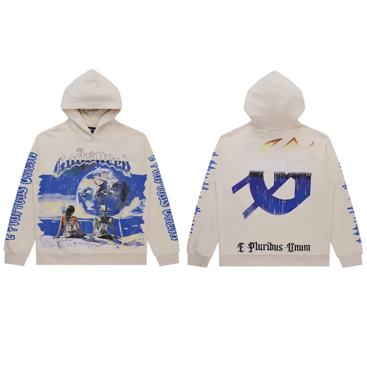 Hoodie Noir Bleu Impression Graphique Manches Avant Répétition Texte 2