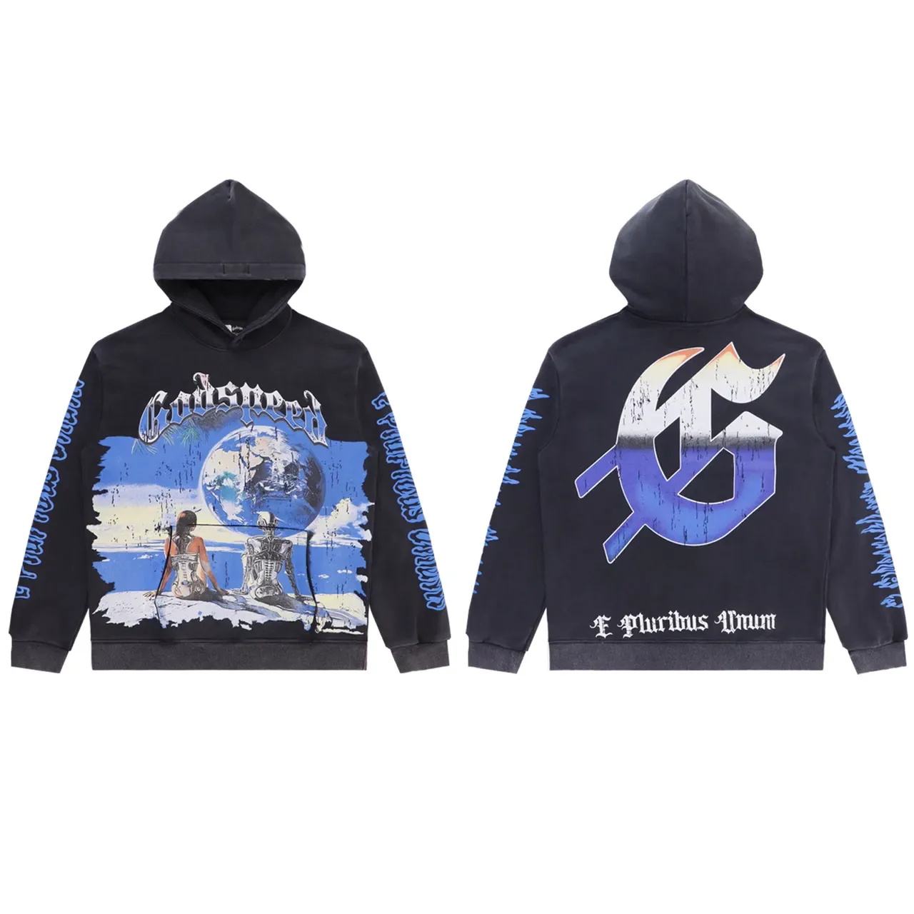 Hoodie Noir Bleu Impression Graphique Manches Avant Répétition Texte 3