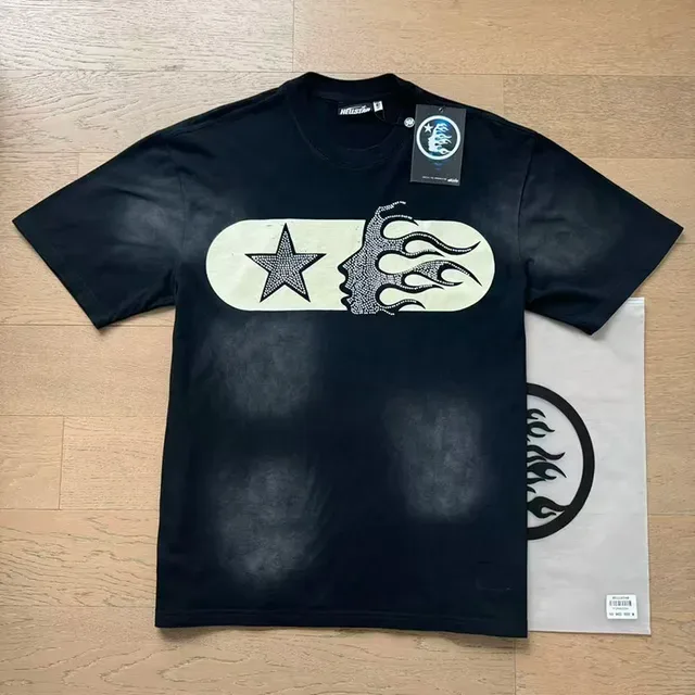 Black Distressed Graphic Flame Star Print T-Shirt 2