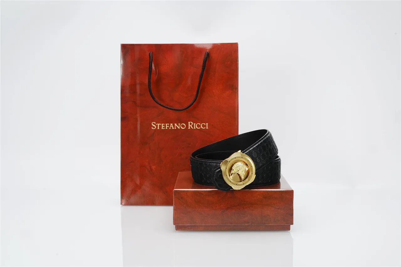 Black Gold Embossed Hexagonal Texture Eagle Head Buckle Leather Belt 6