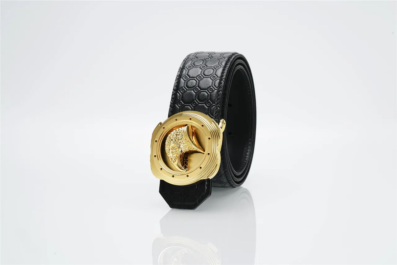 Black Gold Embossed Hexagonal Texture Eagle Head Buckle Leather Belt 7
