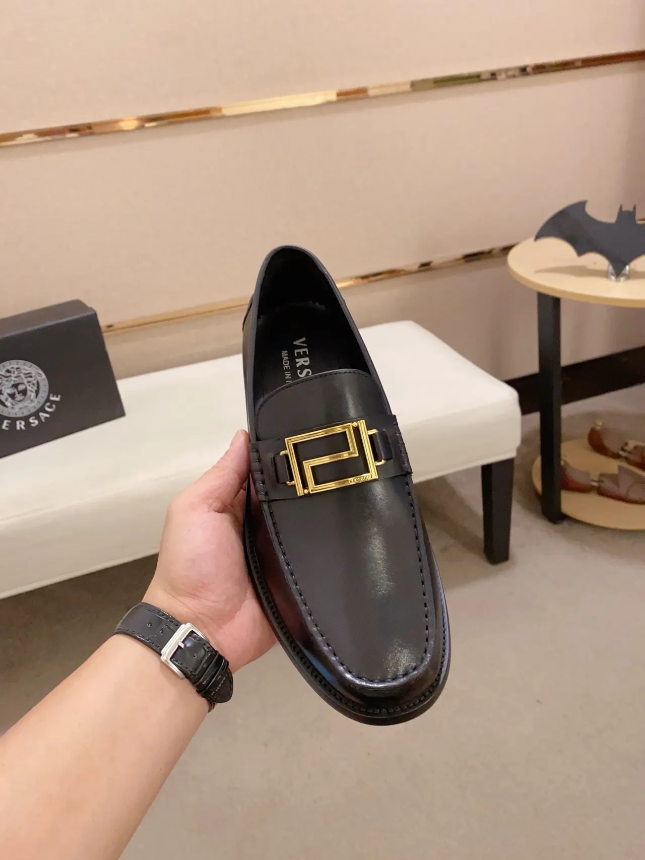 Black Gold Leather Buckle Loafer 6