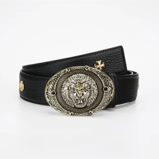 Black Gold Pebbled Ornate Lion-Head Buckle Leather Belt