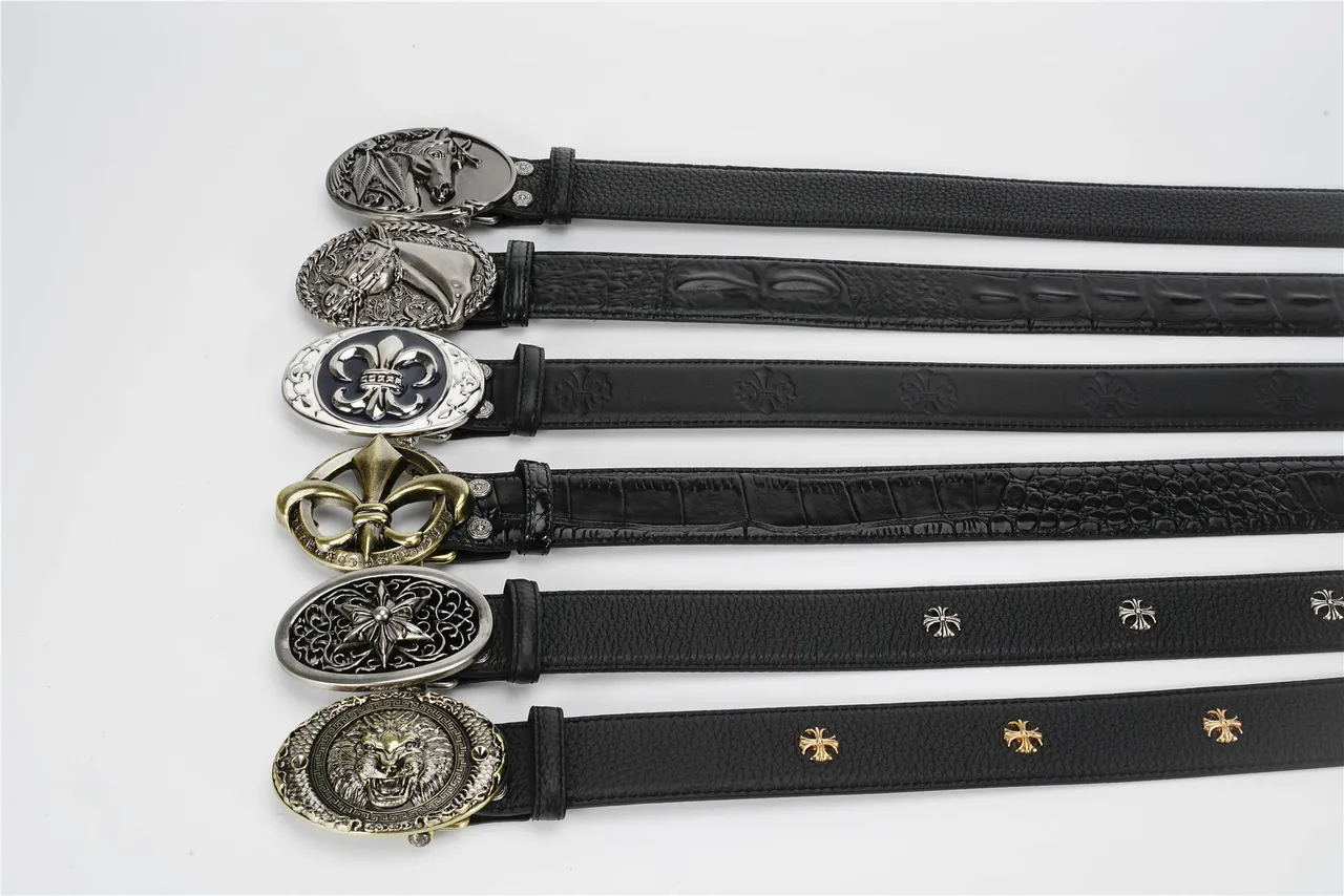 Black Gold Pebbled Ornate Lion-Head Buckle Leather Belt 2