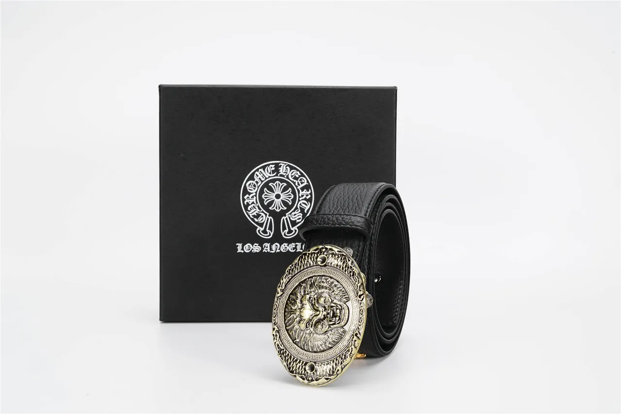 Black Gold Pebbled Ornate Lion-Head Buckle Leather Belt 5
