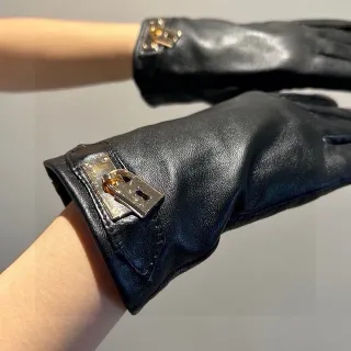 Black Gold Smooth Cuff-Mounted Padlock-Style Hardware Leather Gloves